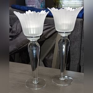 Milano Candle Holders Set of 2 Crystal Clear & Frosted 14" in Original Box